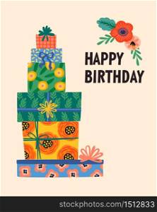 Happy Birthday. Vector illustration of cute gift boxes. Design template for card, poster, flyer, banner and other use. Happy Birthday. Vector illustration of cute gift boxes.