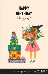 Happy Birthday. Vector illustration of cute lady with bouquet of flowers and gift boxes. Design template for card, poster, flyer, banner and other use. Happy Birthday. Vector illustration of cute lady with bouquet of flowers and gift boxes.
