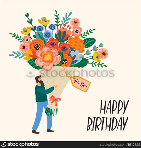 Happy Birthday. Vector illustration of cute man with bouquet of flowers. Design template for card, poster, flyer, banner and other use. Happy Birthday. Vector illustration of cute man with bouquet of flowers.