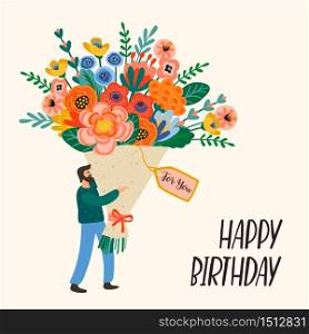Happy Birthday. Vector illustration of cute man with bouquet of flowers. Design template for card, poster, flyer, banner and other use. Happy Birthday. Vector illustration of cute man with bouquet of flowers.