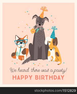 Happy Birthday. Vector illustration with cute dogs. Design template. Happy Birthday. Vector illustration with cute dogs