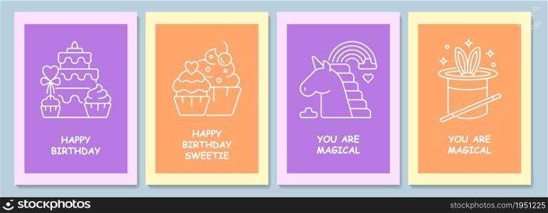 Happy birthday wishes postcard with linear glyph icon set. Greeting card with decorative vector design. Simple style poster with creative lineart illustration. Flyer with holiday wish pack. Happy birthday wishes postcard with linear glyph icon set