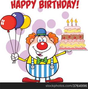 Happy Birthday With Clown Cartoon Character With Balloons And Cake With Candles