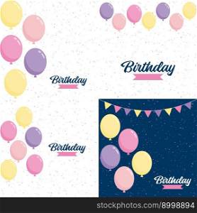 Happy Birthday written in a decorative. vintage font with a background of party streamers and confetti