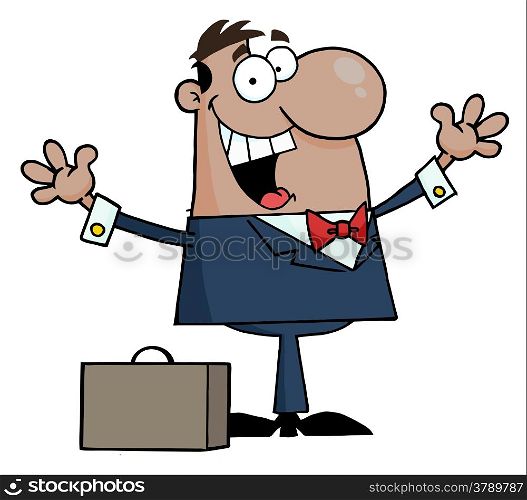 Happy Black Businessman Holding His Arms Up By A Briefcase