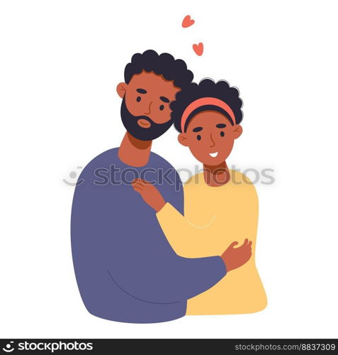 Happy black couple in love. Cute dark-skinned woman and ethnic man are hugging. Vector illustration in flat style of loving pair for valentine card, wedding and birthday design