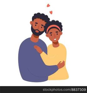 Happy black couple in love. Cute dark-skinned woman and ethnic man are hugging. Vector illustration in flat style of loving pair for valentine card, wedding and birthday design