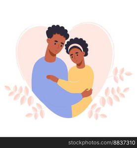 Happy black loving couple in heart. Cute dark-skinned girl and ethnic guy are hugging tenderly. Vector illustration in flat style of loving pair for valentine card, wedding and birthday design