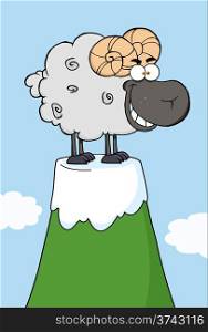 Happy Black Ram Cartoon Mascot Character On Top Of A Mountain Peak