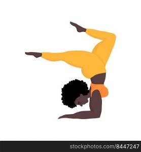 Happy black skin of oversized women in yoga position handstand. Sport and body health positive concept. Love body. Attractive woman of large sizes an active healthy lifestyle