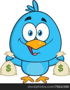 Happy Blue Bird Cartoon Character Holding A Bags Of Money