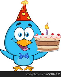 Happy Blue Bird Cartoon Character Holding Up A Birthday Cake