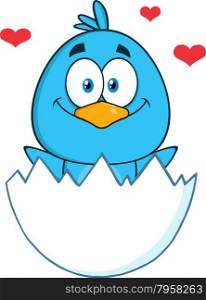 Happy Blue Bird Character Hatching From An Egg With Hearts
