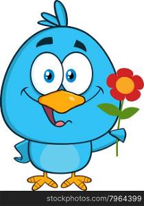 Happy Blue Bird Character With A Red Daisy Flower