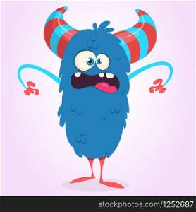 Happy blue cartoon monster bigfoot or yeti. Vector Halloween illustration