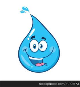 Happy Blue Water Drop Cartoon Mascot Character. Vector Illustration Isolated On White Background