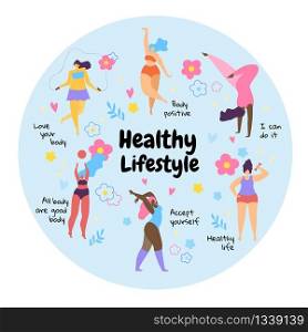 Happy Body Positive Overweight Girls Healthy Lifestyle. Attractive Multiracial Plus Size Women Different Types, Weight and Height Taking Exercise and Doing Sport. Cartoon Flat Vector Illustration.