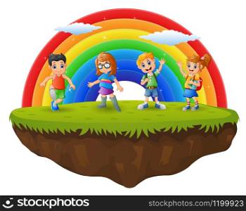 Happy boy and girl in the hill on rainbow background