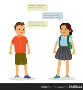Happy boy and girl talking,happy kids characters isolated on white background,flat vector illustration.