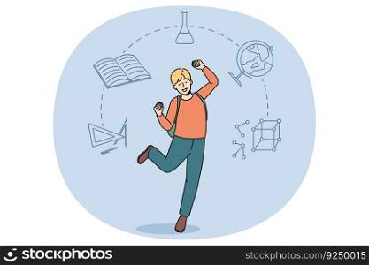Happy boy child feel excited about being back to school. Smiling kid pupil euphoric about lessons start. Education and learning concept. Flat vector illustration, cartoon character.. Happy boy child excited about school