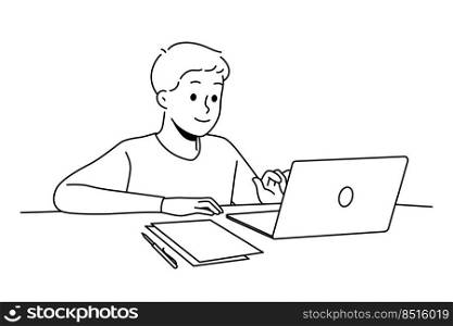 Happy boy child sit at desk studying online on computer. Smiling kid use laptop having remote class at home. Distant education. Vector illustration. . Happy boy study online on laptop