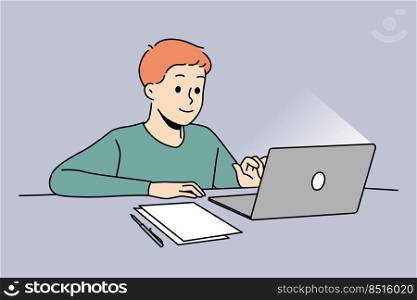 Happy boy child sit at desk studying online on computer. Smiling kid use laptop having remote class at home. Distant education. Vector illustration.. Happy boy study online on laptop