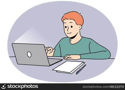 Happy boy child sit at desk studying online on computer. Smiling kid use laptop having remote class at home. Distant education. Vector illustration.. Happy boy study online on laptop