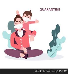 happy boy climbing on father shoulder staying at home. Abstract flat character people wearing mask quarantine from covid-19 pandemic coronavirus outbreak. health care and medical vector.