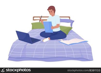 Happy boy doing assignment comfortably in bed semi flat color vector character. Editable figure. Full body person on white. Simple cartoon style illustration for web graphic design and animation. Happy boy doing assignment comfortably in bed semi flat color vector character