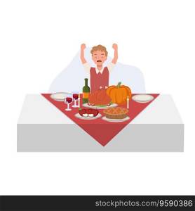 Happy Boy Enjoying Thanksgiving Dinner. Family Thanksgiving Celebration