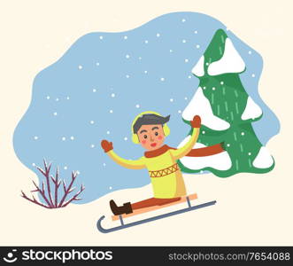 Happy boy going on sledge by snowy downhill. Smiling child with rising hands sitting on sleigh and sliding hill. Male character wearing casual clothes joying near spruce with snowfall weather vector. Winter Activity of Child Sliding Down Hill Vector
