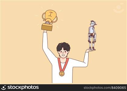 Happy boy holding robot and prize excited about contest victory. Smiling child win robotic competition. Engineering student with award. Flat vector illustration.. Happy boy holding robot and award