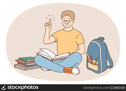 Happy boy in glasses read book get brilliant idea feel motivated. Smiling male student study with textbooks brainstorm generate thought or plan. Education and self-development. Vector illustration. . Smiling boy read book get good idea or thought