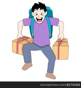 happy boy is walking carrying many things to go home. vector design illustration art