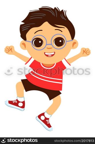 Happy boy jumping. Smart kid in glasses excited. Cute cartoon character isolated on white background. Happy boy jumping. Smart kid in glasses excited. Cute cartoon character