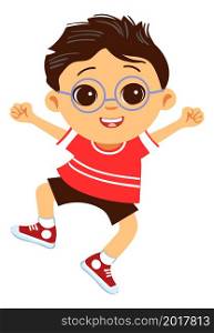 Happy boy jumping. Smart kid in glasses excited. Cute cartoon character isolated on white background. Happy boy jumping. Smart kid in glasses excited. Cute cartoon character