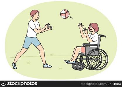 Happy boy playing ball with handicapped girl sitting in wheel chair. Smiling children have fun outdoors. Disability and impairment. Vector illustration.. Happy boy play with disabled girl