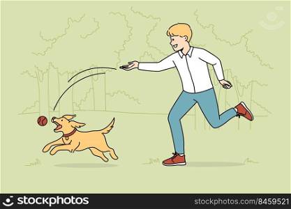 Happy boy playing with pet in park. Smiling kid have fun with ball and pet outdoors. Domestic animals concept. Vector illustration.. Happy boy playing with dog in park