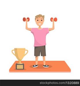 Happy Boy Standing Training with Red Dumbbell. Smiling Young Child Bodybuilding. Physical Hand Strength Exercises. Fitness Training. Champion Cup. Healthy Lifestyle. Isolated on White Background