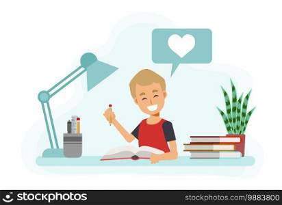Happy Boy studying with a book at home. Vector illustration of flat cartoon character.