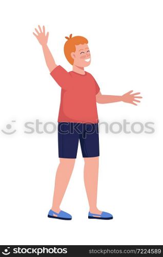 Happy boy waving hand semi flat color vector character. Posing figure. Full body person on white. Childhood isolated modern cartoon style illustration for graphic design and animation. Happy boy waving hand semi flat color vector character