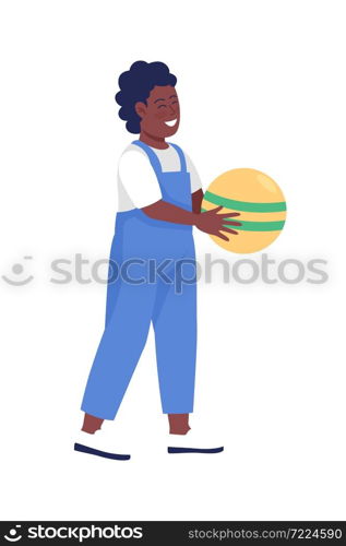 Happy boy with ball semi flat color vector character. Posing figure. Full body person on white. Childhood isolated modern cartoon style illustration for graphic design and animation. Happy boy with ball semi flat color vector character