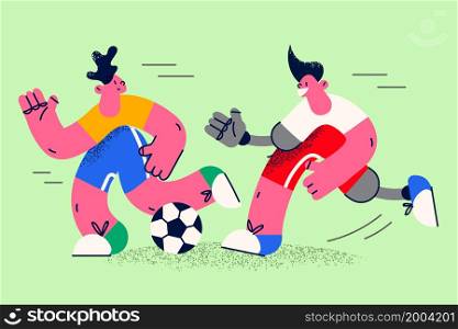 Happy boys children have fun playing football outdoors together. Smiling disabled kid engaged in sport game match with friend. Disability and equality concept. Physical trauma. Vector illustration. . Happy disabled boy play football outdoors with friend