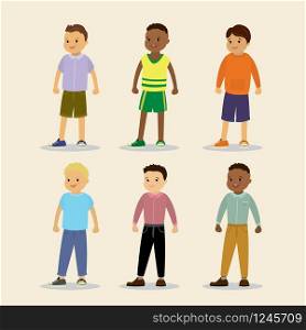 Happy boys is standing,kids characters in front view,isolated,flat vector illustration