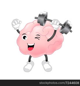 Happy Brain Character Lifting Weights. Illustration isolated on white background.