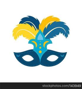 Happy Brazilian Carnival Day. Blue color carnival mask with colorful feathers on white background. For web design and application interface, also useful for infographics. Vector illustration.