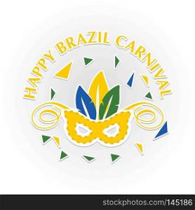 happy brazilian carnival festival. carnival mask in yellow color and white stroke with colorful leaves on grey background. For web design and application interface, also useful for infographics. Vector illustration.