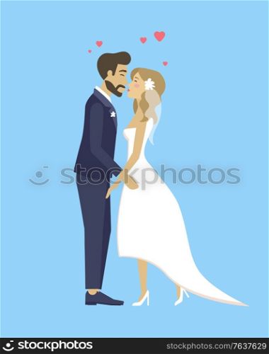 Happy bride and groom, just married couple in wedding suit and white dress kissing. Vector cartoon newlywed husband and wife, engagement of lovers. Happy Bride and Groom, Just Married Couple Wedding