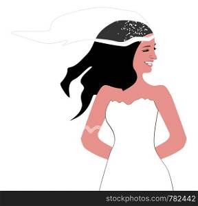 Happy bride in her white wedding dress and her vail, vector, color drawing or illustration.