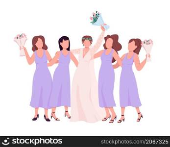 Happy bride with bridesmaid semi flat color vector characters. Standing figures. Full body people on white. Wedding isolated modern cartoon style illustration for graphic design and animation. Happy bride with bridesmaid semi flat color vector characters